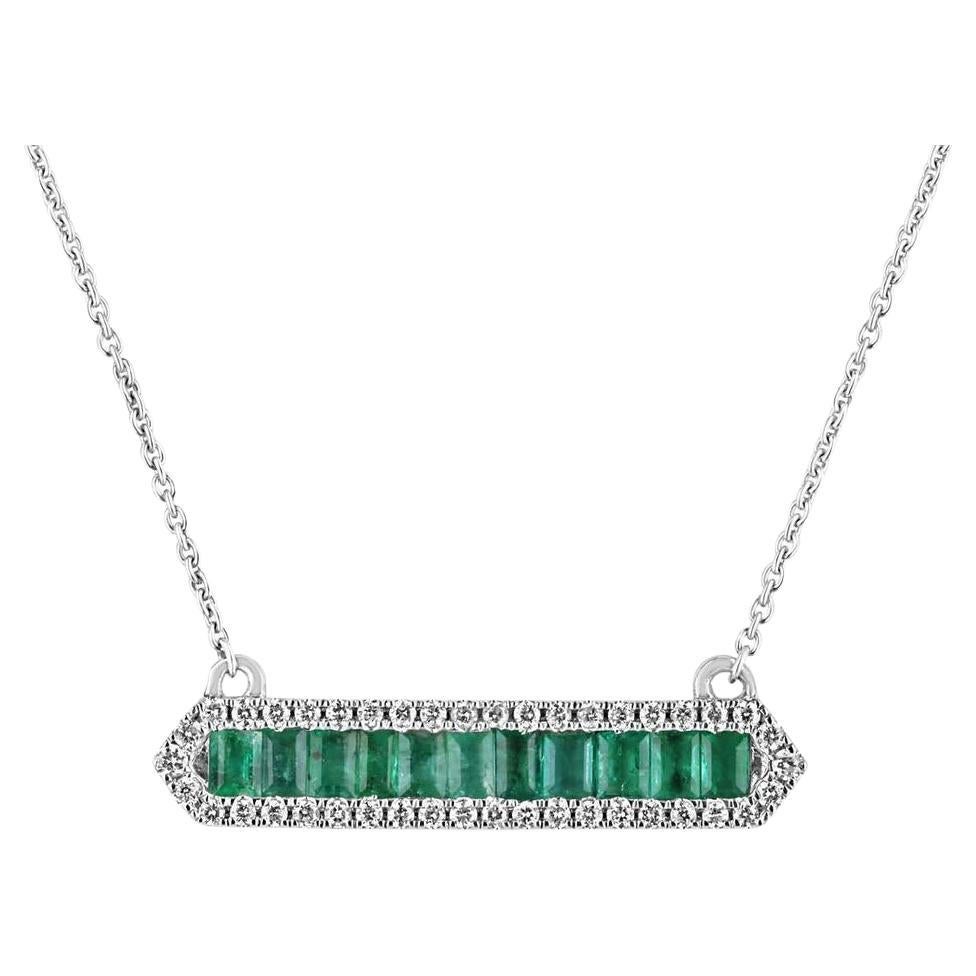 1.02tcw 14K Emerald Cut Emerald & Diamond Halo Bar Pendant Necklace White Gold