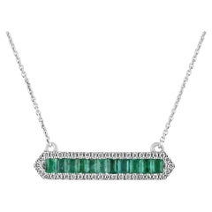1.02tcw 14K Emerald Cut Emerald & Diamond Halo Bar Pendant Necklace White Gold