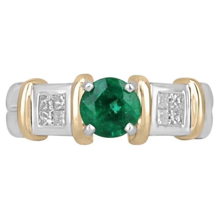 1.02tcw 18K Round Emerald & Princess Diamond Ring - Rich Green Two-Tone Gold For Sale