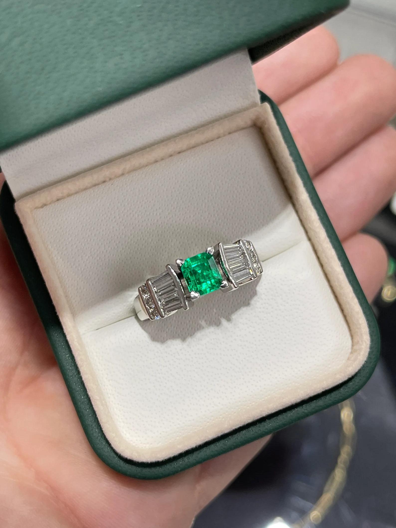 Modern 1.02tcw AAA Fine Quality Rich Green Colombian Emerald & Diamond Engagement Plat For Sale