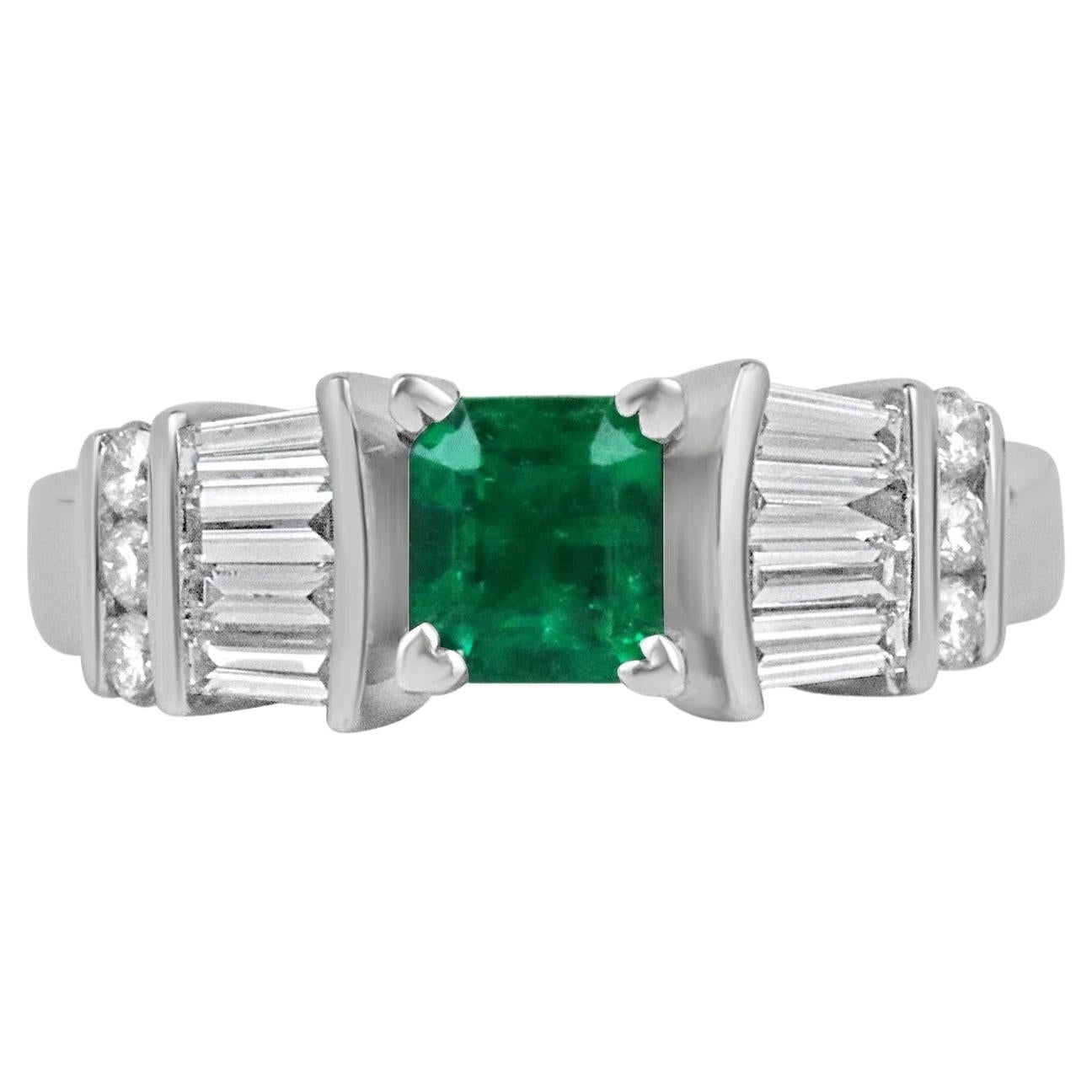 1.02tcw AAA Fine Quality Rich Green Colombian Emerald & Diamond Engagement Plat For Sale