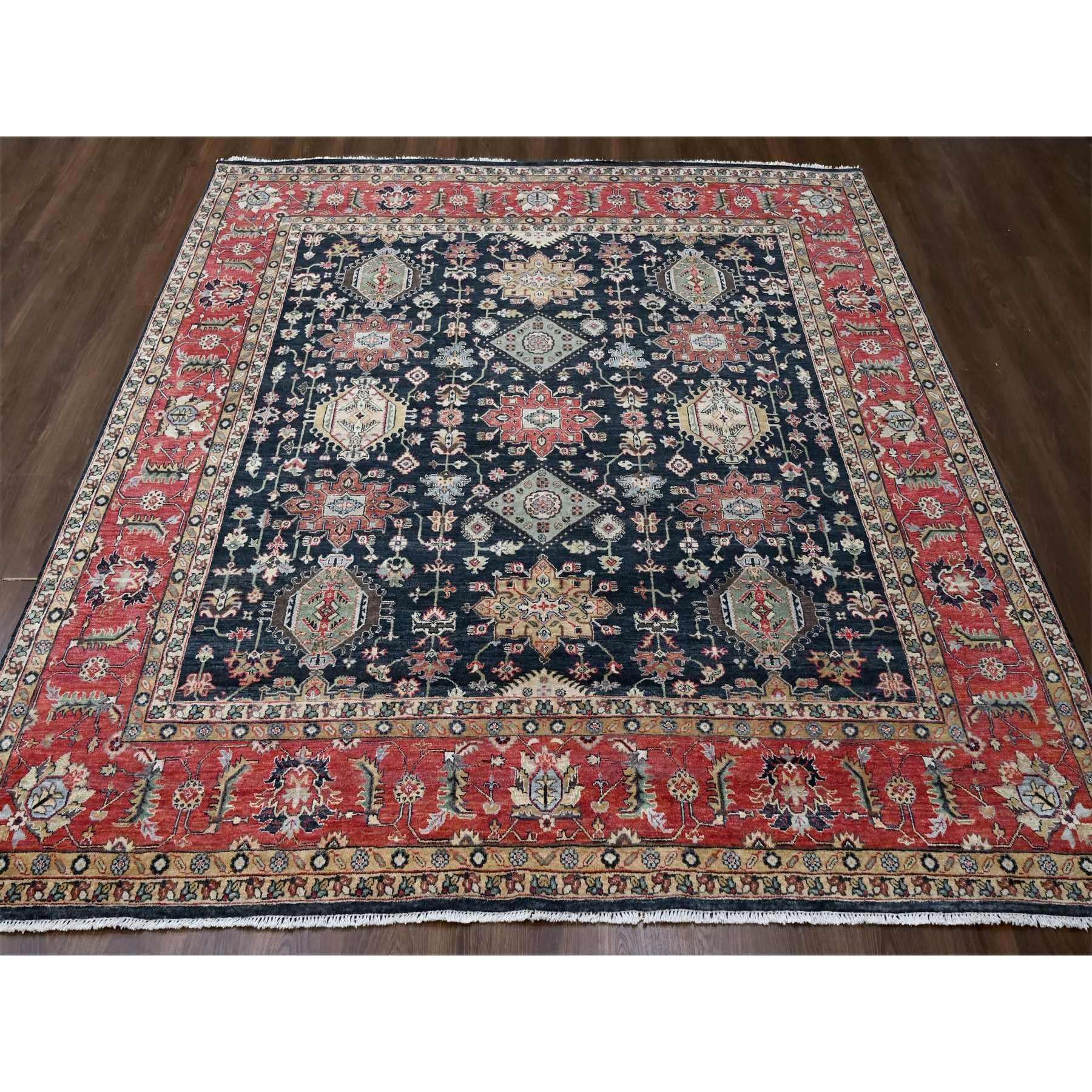 Power Black, Hand Knotted, Karajeh Design with All Over Pattern, Vegetable Dyes, Soft Pile, 100% Wool, Square, Oriental Rug
Primary materials: Wool
Latex: No Pile
 height: 0.25 Inches
Style: Traditional
Primary color: Black
Secondary colors: