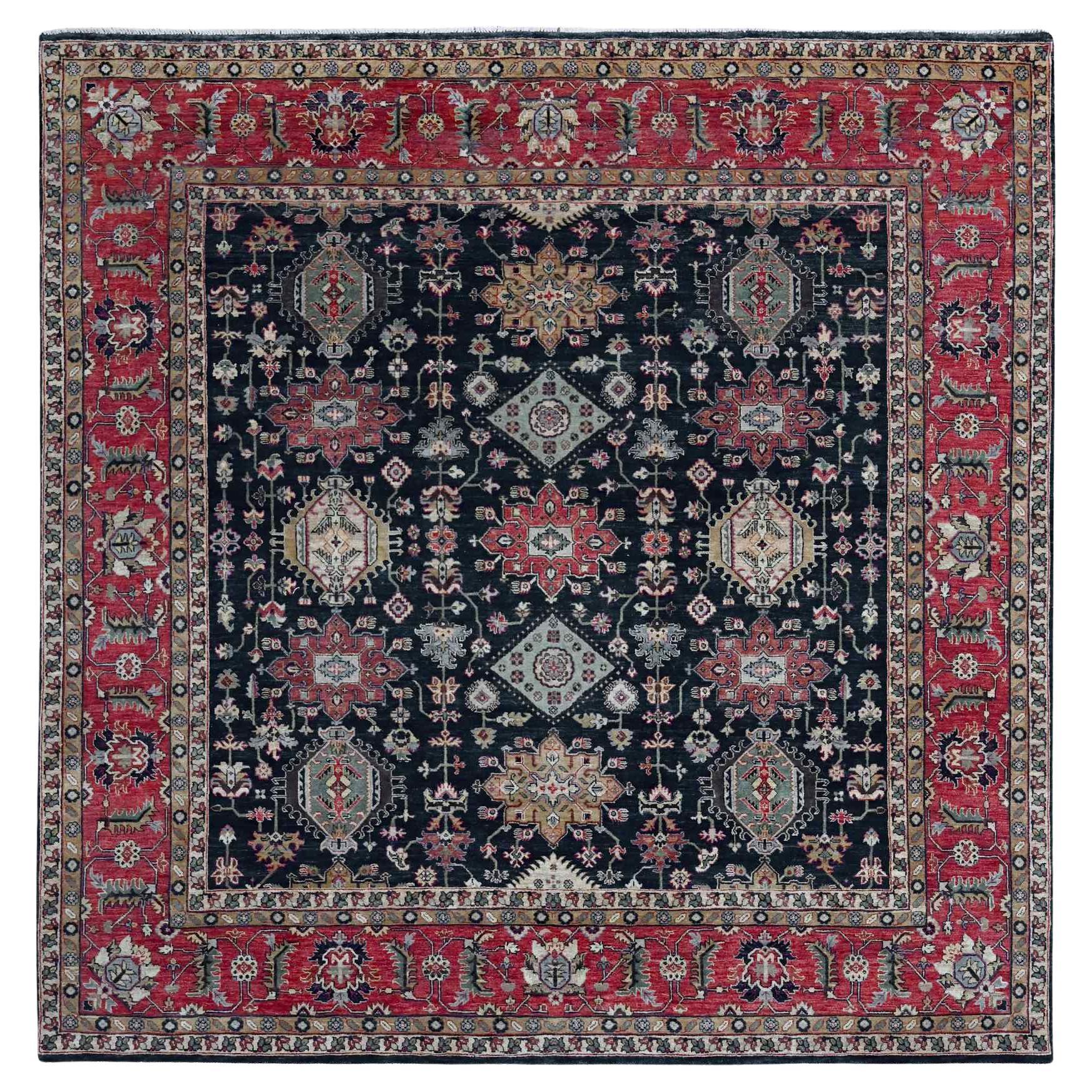 10'2"x10'2" Black Hand Knotted Karajeh Design Soft Wool Pile Square Oriental Rug