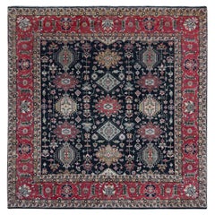 10'2"x10'2" Black Hand Knotted Karajeh Design Soft Wool Pile Square Oriental Rug