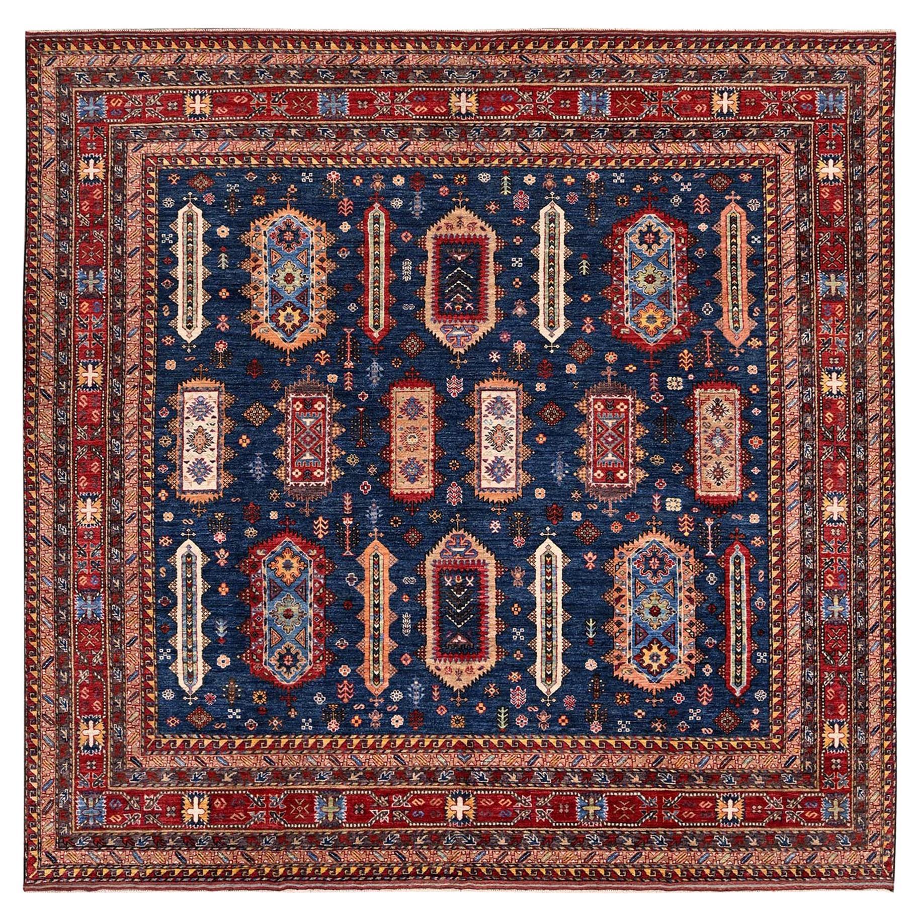 10'2"x10'2" Blue Afghan Caucasian Design Revival Hand Knotted Wool Square Rug