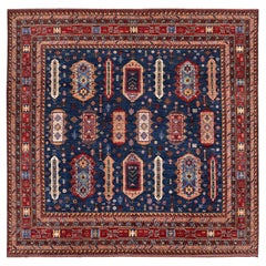 10'2 "x10'2" Alfombra Cuadrada de Lana Anudada a Mano Revival de Diseño Caucásico Afgano Azul