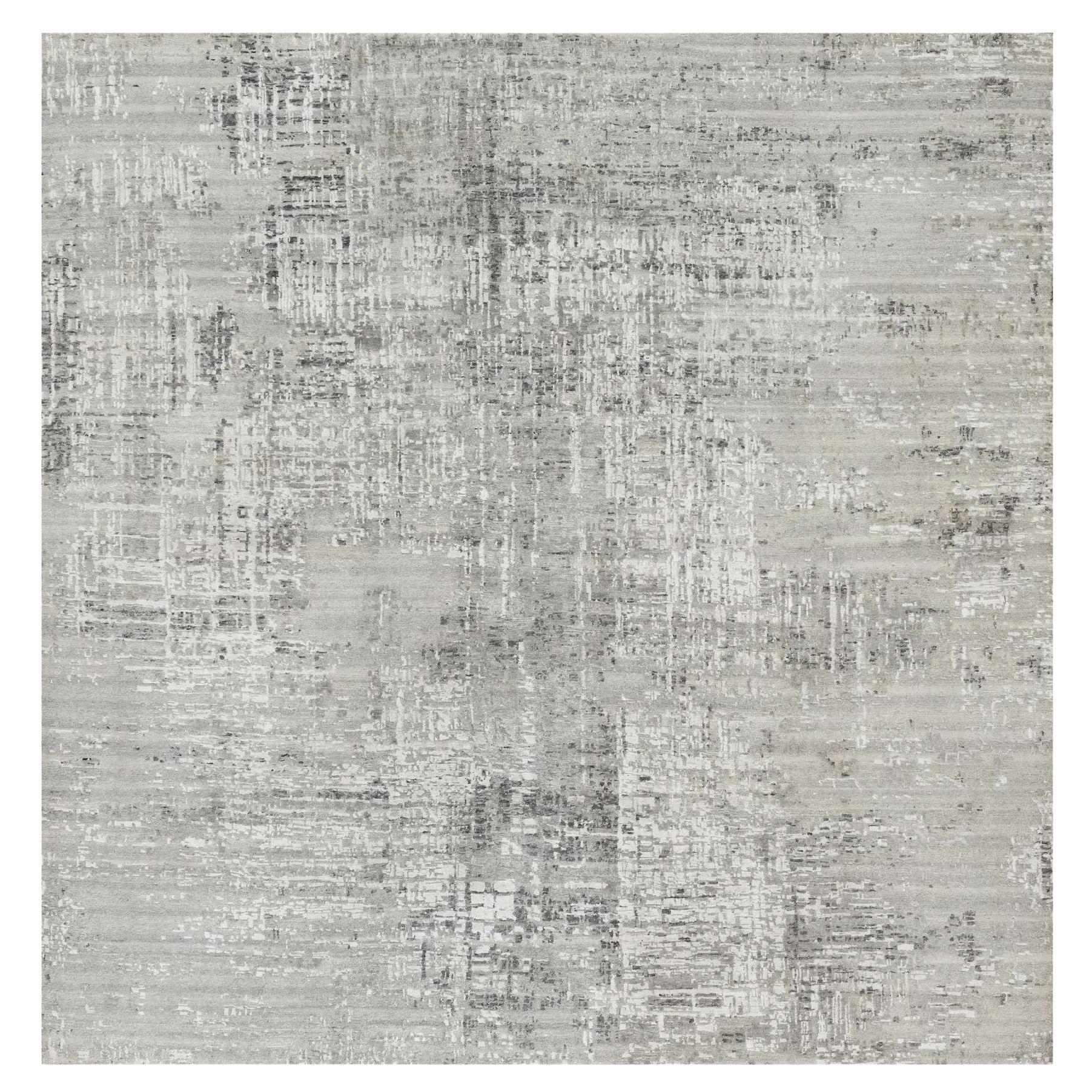 10
2 "x10
2" Grauer, handgesponnener, moderner, handgeknüpfter, ungefärbter, quadratischer Teppich aus natürlicher Wolle