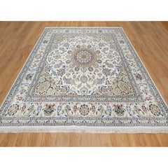 10'2"x10'2" Weißer 250 KPSI handgeknüpfter, quadratischer Teppich aus Woll-Silber mit Nain-Blumenmuster und Wolle