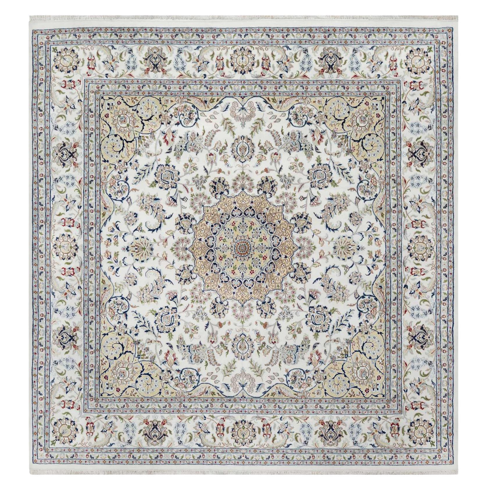 10'2"x10'2" White 250 KPSI Hand Knotted Nain Flower Design Wool-Silk Square Rug
