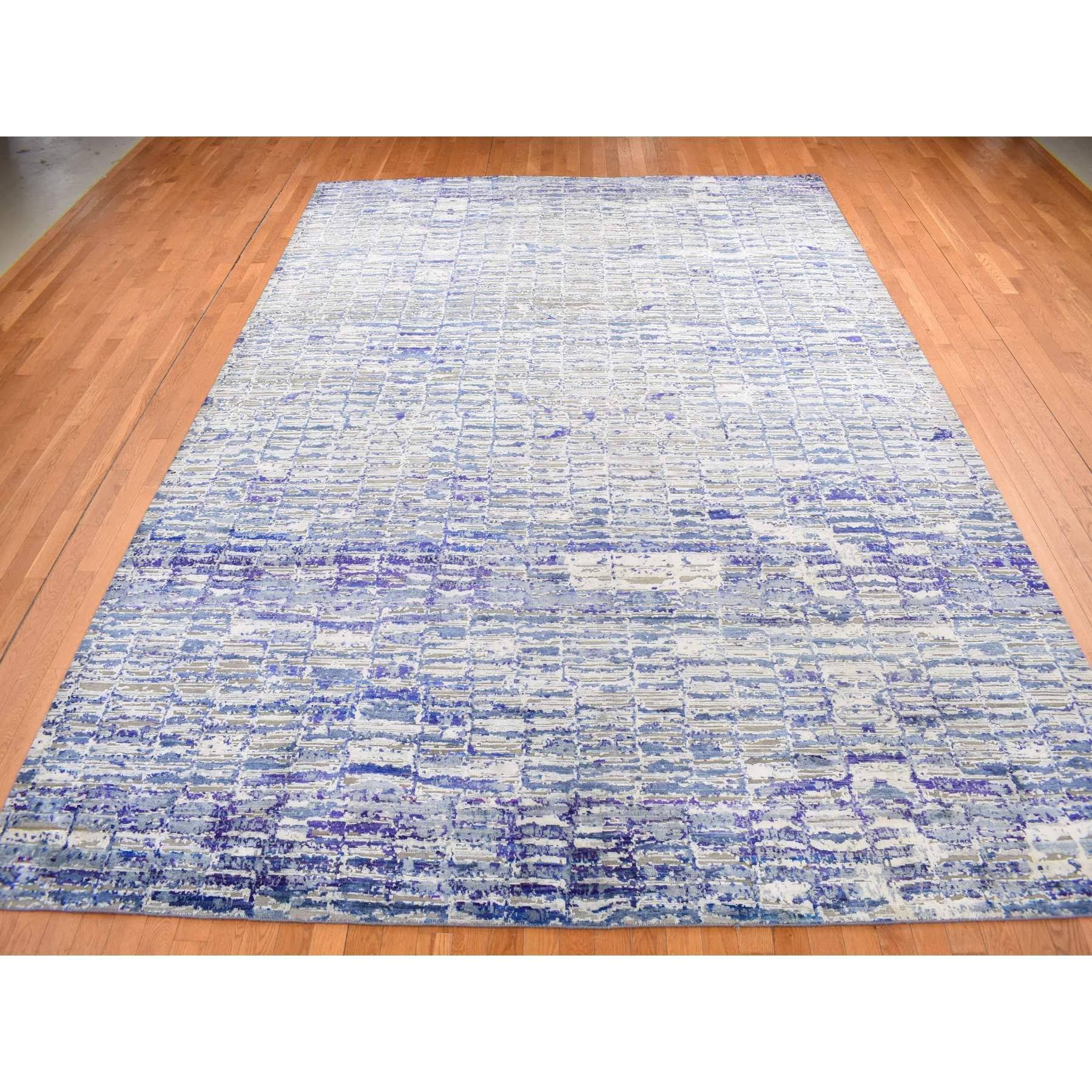 Indigo Color, Diminishing Bricks, Sari Silk, Hand Knotted, Oriental Rug
Primary materials: Sari Silk
Latex: No Pile 
height: 0.25 Inches
Style: Casual
Primary color: Purple
Secondary colors: Ivory, Gray, Blue, Ecru Brown
Pattern: Oriental