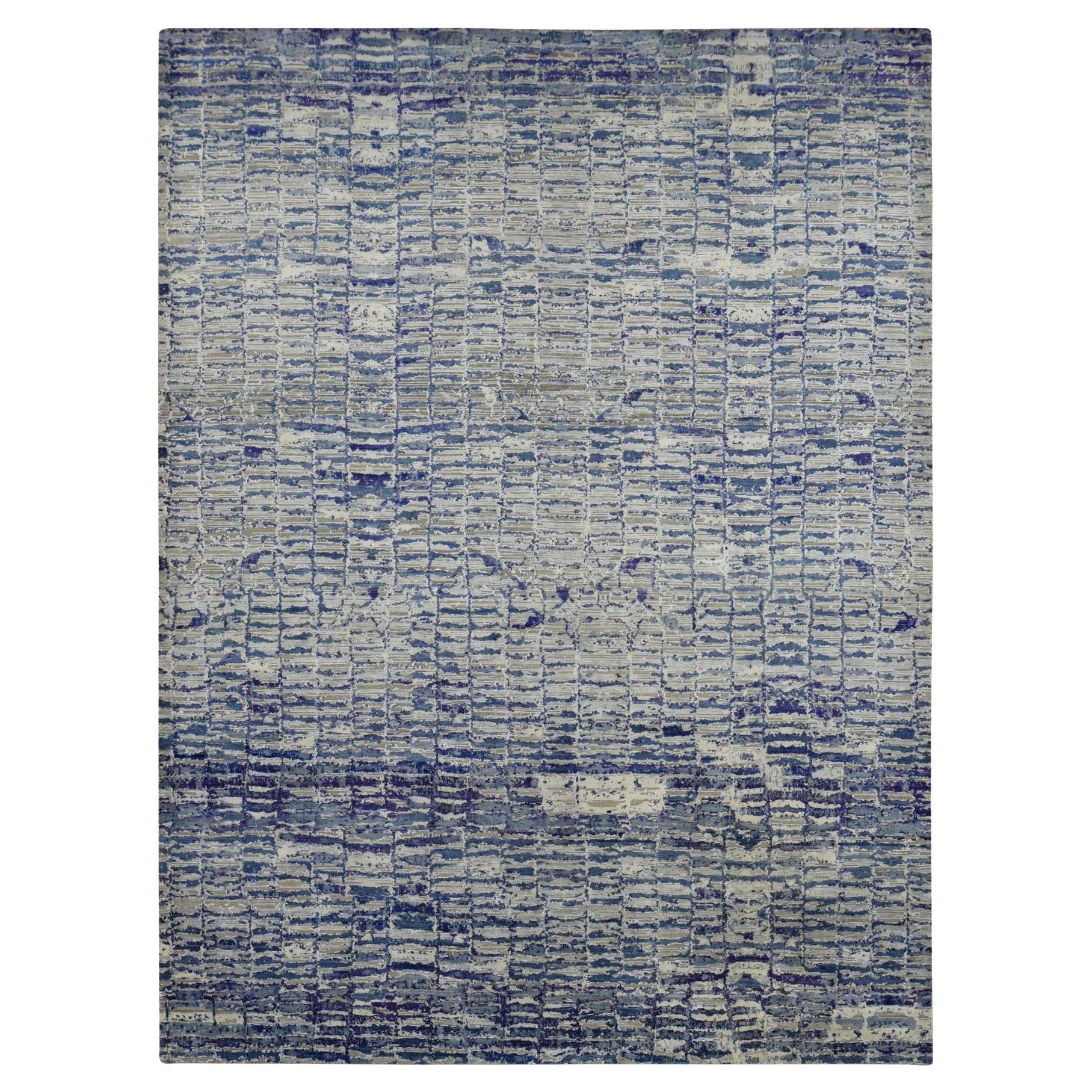 10'2"x13'10" Indigo Color Diminishing Bricks Sari Silk Hand Knotted Rug For Sale