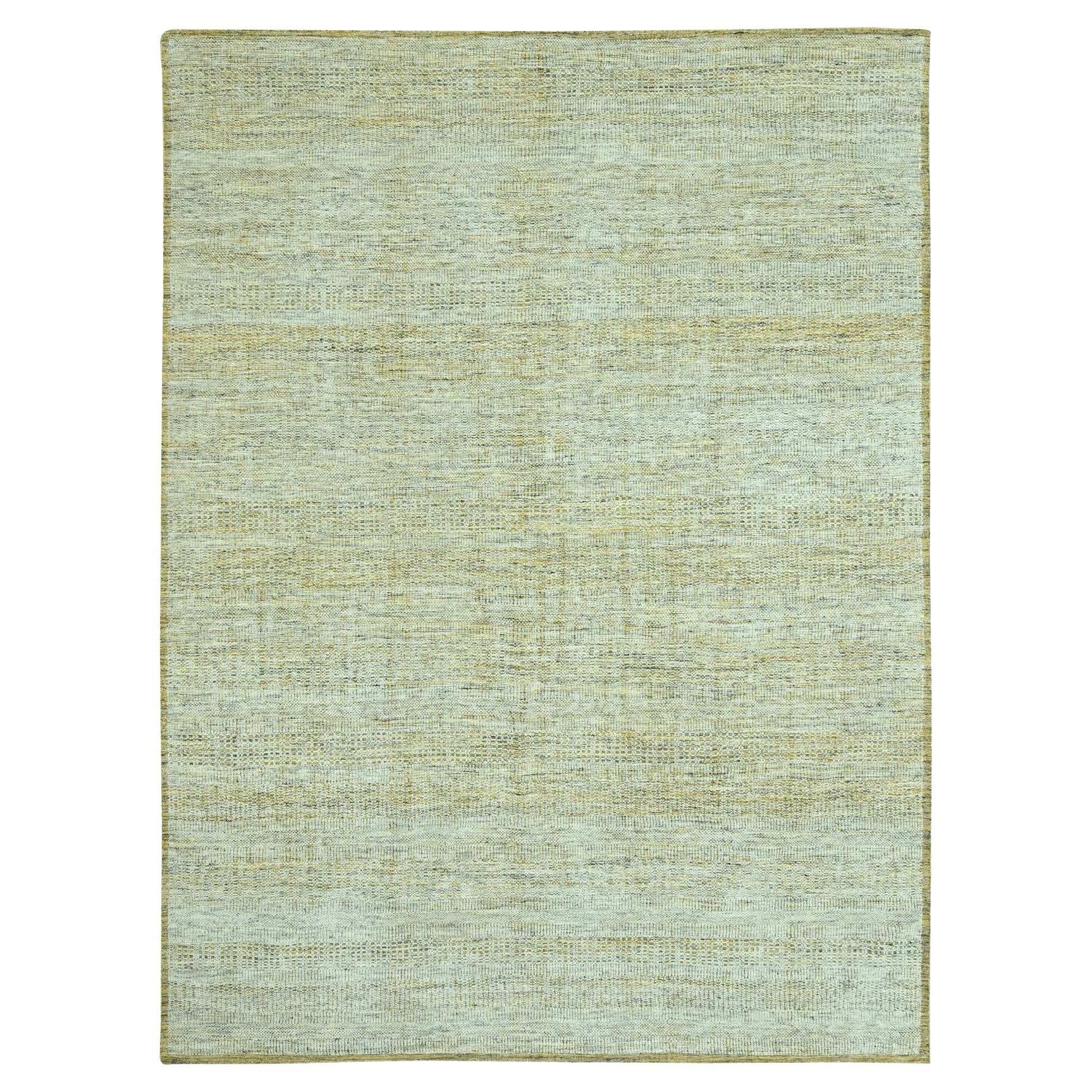 10'2"x13'10" Yellow Oxidized and Distressed Grass Design Hand Knotted Wool Rug