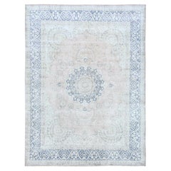 10'2"x13'4" Red Hand Knotted Worn Wool Distressed Look Old Farsian Kerman Rug