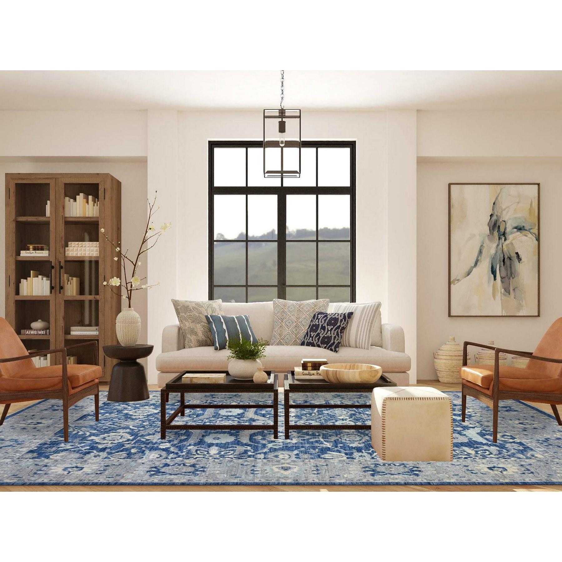 This is a truly genuine one-of-a-kind Denim Blue, Afghan Wool Hand Knotted, Fine Peshawar with All Over Heriz Design Densely Woven, Oriental Rug. It has been Knotted for months and months in the centuries-old weaving craftsmanship techniques by