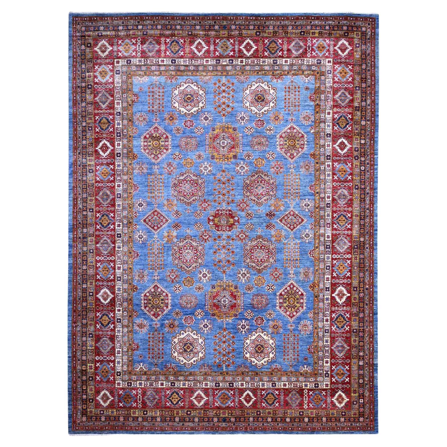 10'2"x13'8" Dodger Blue Hand Knotted Afghan Super Kazak Organic Wool Square Rug