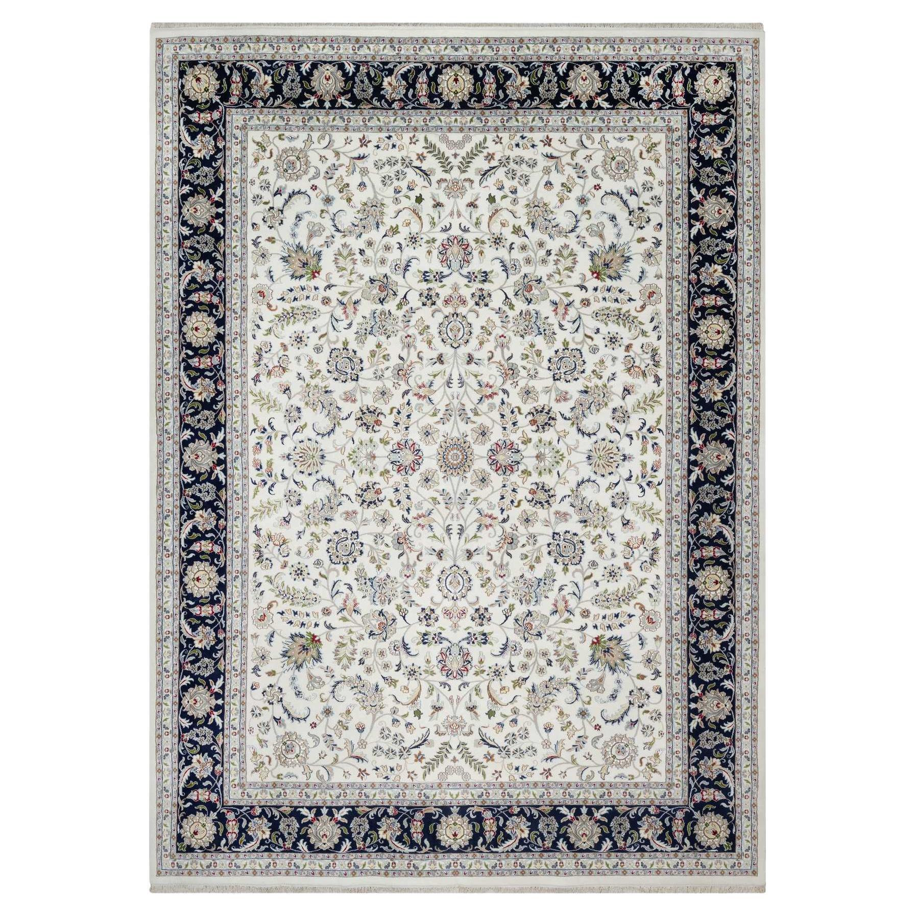 10'2 "x14' Tappeto Nain in lana e seta bianco alabastro con disegno floreale annodato a mano
