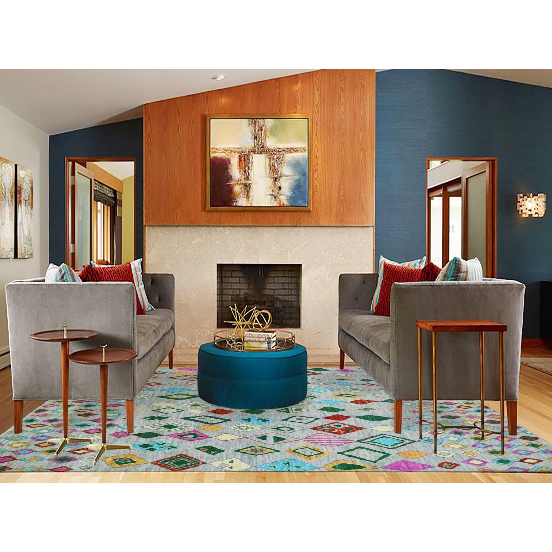 Cloud Gray with Colorful Oushak Weave with Moroccan Inspired Design, Hand Knotted, Pure Wool, Substantially Heavy, Oriental Rug
Primary materials: Wool
Latex: No Pile 
height: 0.25 Inches
Style: Contemporary
Primary color: Grey
Secondary colors: