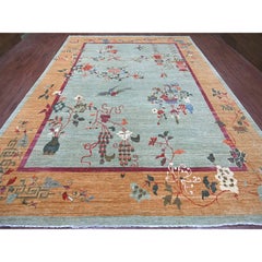 10'2"x14' Green Chinese Art Deco Inspired Peshawar Hand Knotted Soft Wool Rug