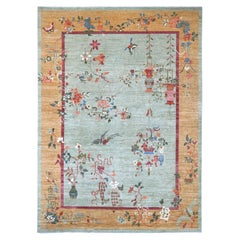 10'2"x14' Green Chinese Art Deco Inspired Peshawar Hand Knotted Soft Wool Rug