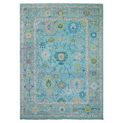 10'2 "x14' Alfombra de pura lana anudada a mano con diseño Oushak y trama azul turquesa
