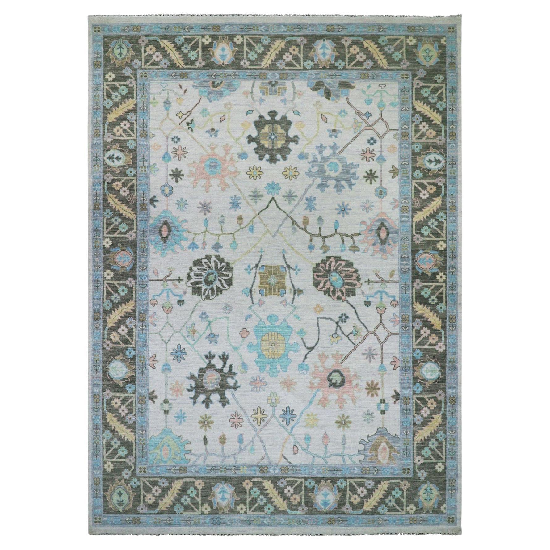 10'2 "x14'1" Lace Ivory Oushak Weave and Design Hand Knotsted Pure Wool Rugs (tapis de laine pure noué à la main) en vente