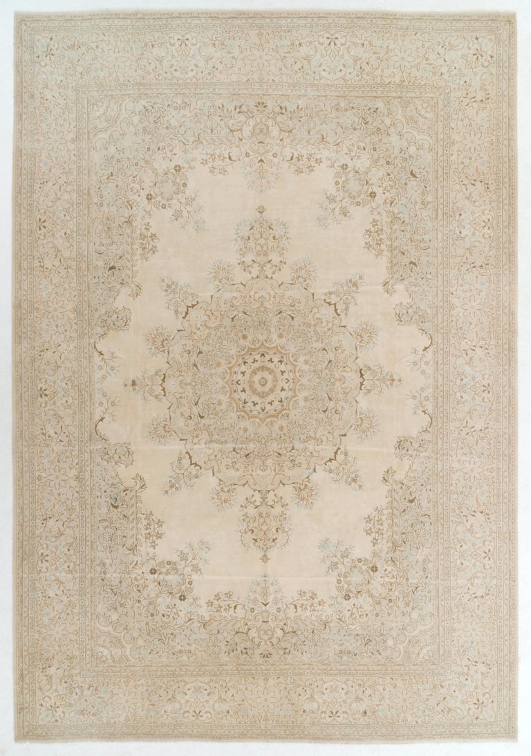 10.2x15 Ft One-of-a-Kind Fine Vintage Hereke Wool Rug in Soft Beige and ...