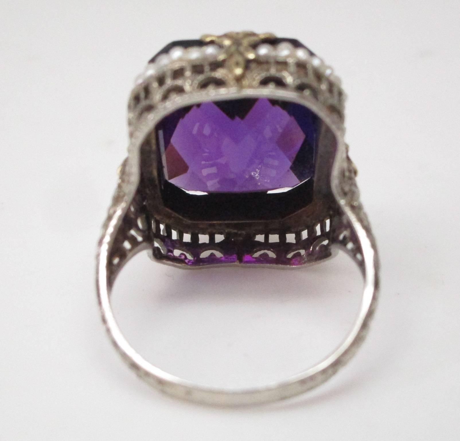 10.3 Carat Amethyst Seed Pearl 14 Karat White and Yellow Gold Filigree Ring In Excellent Condition In Lexington, KY