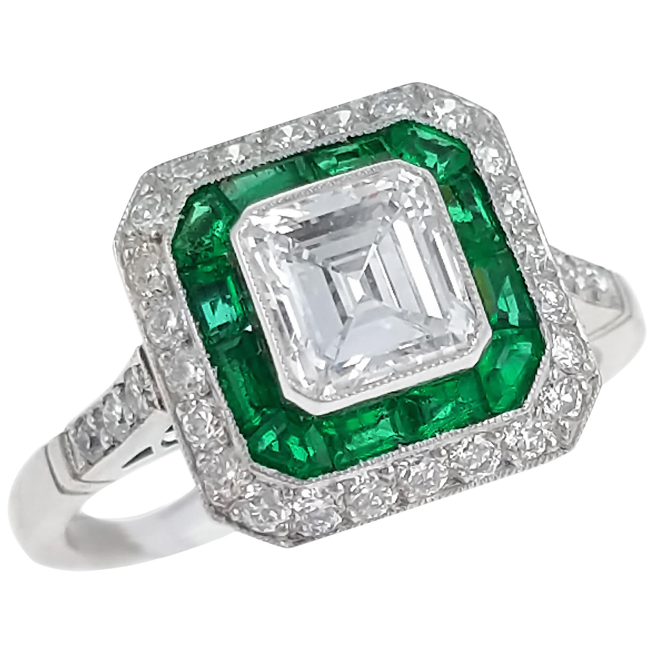 1.03 Carat Asscher Cut Diamond Emerald Halo Platinum Ring