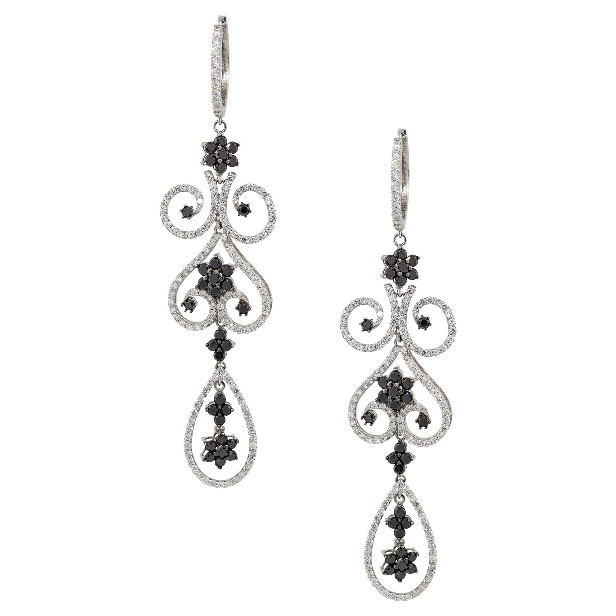 10.3 Carat Black and White Diamond Flower Dangle Earrings 14 Karat in Stock