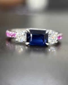 1.03 Carat Burma No Heat Blue Sapphire Pink Sapphire White Diamond Gold Ring