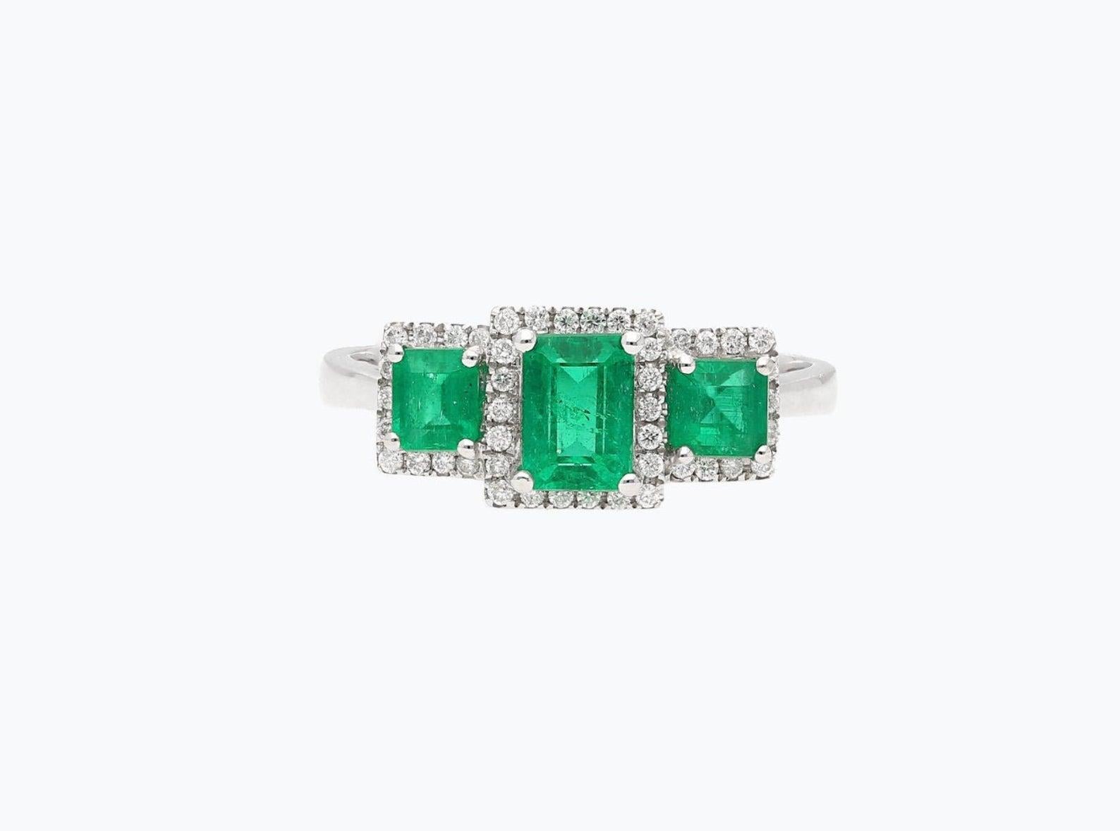 1.03 Carat Colombian Emerald, Diamond, and 18 Karat White Gold Three-Stone Ring For Sale
