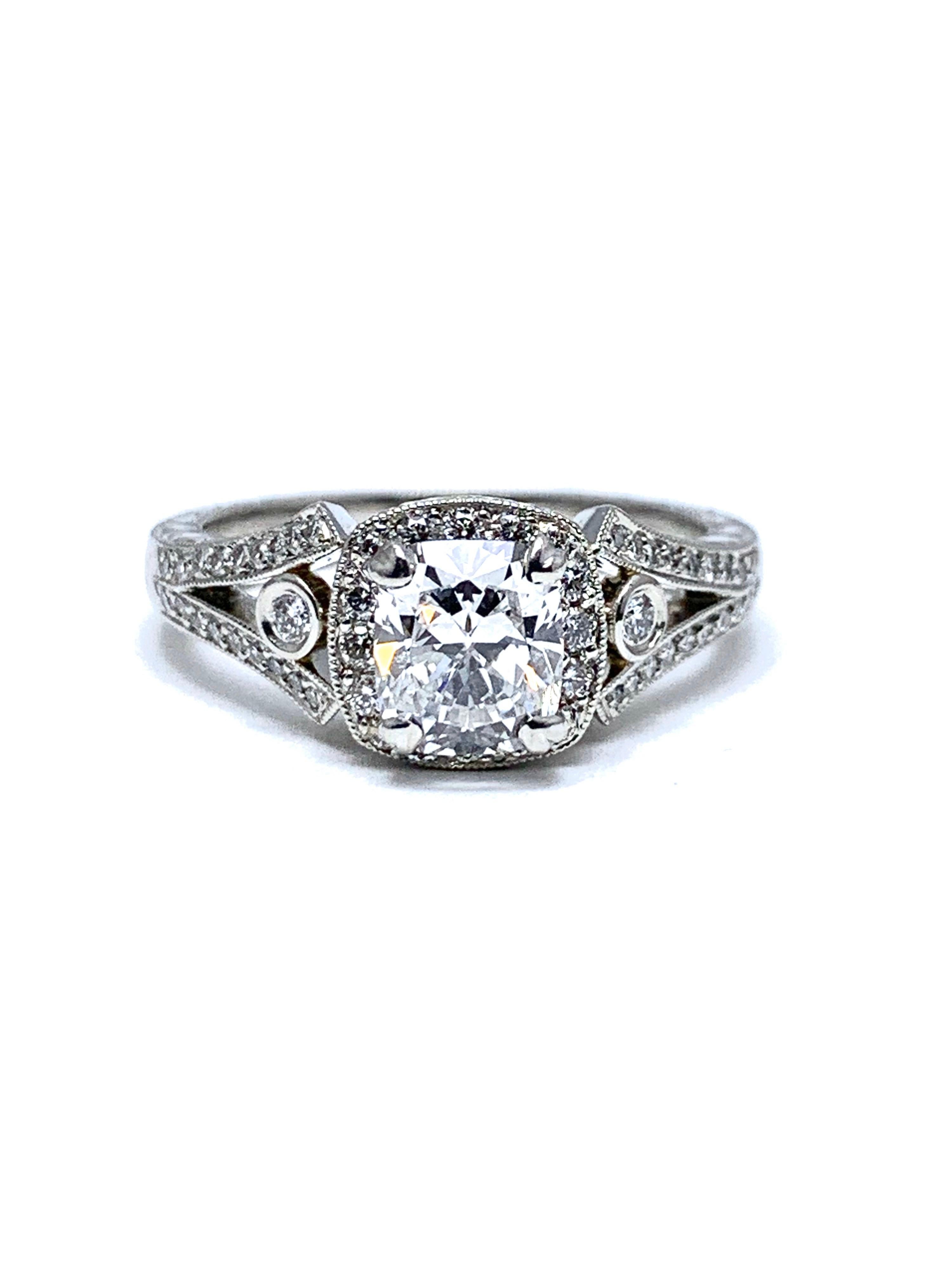 Art Deco 1.03 Carat D/SI1 Diamond with Diamond Halo and Hand Engraved Platinum Ring For Sale