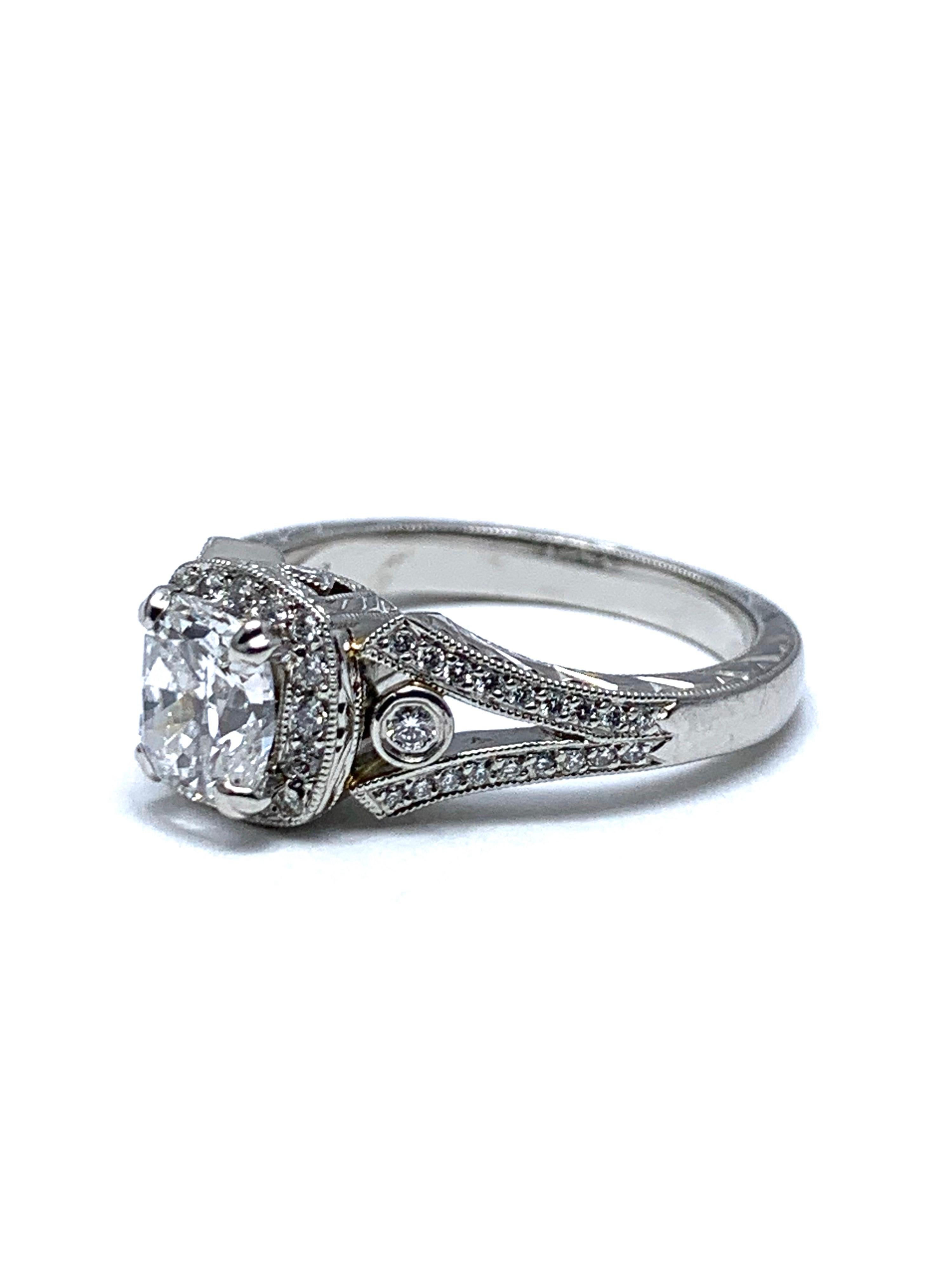 Cushion Cut 1.03 Carat D/SI1 Diamond with Diamond Halo and Hand Engraved Platinum Ring For Sale