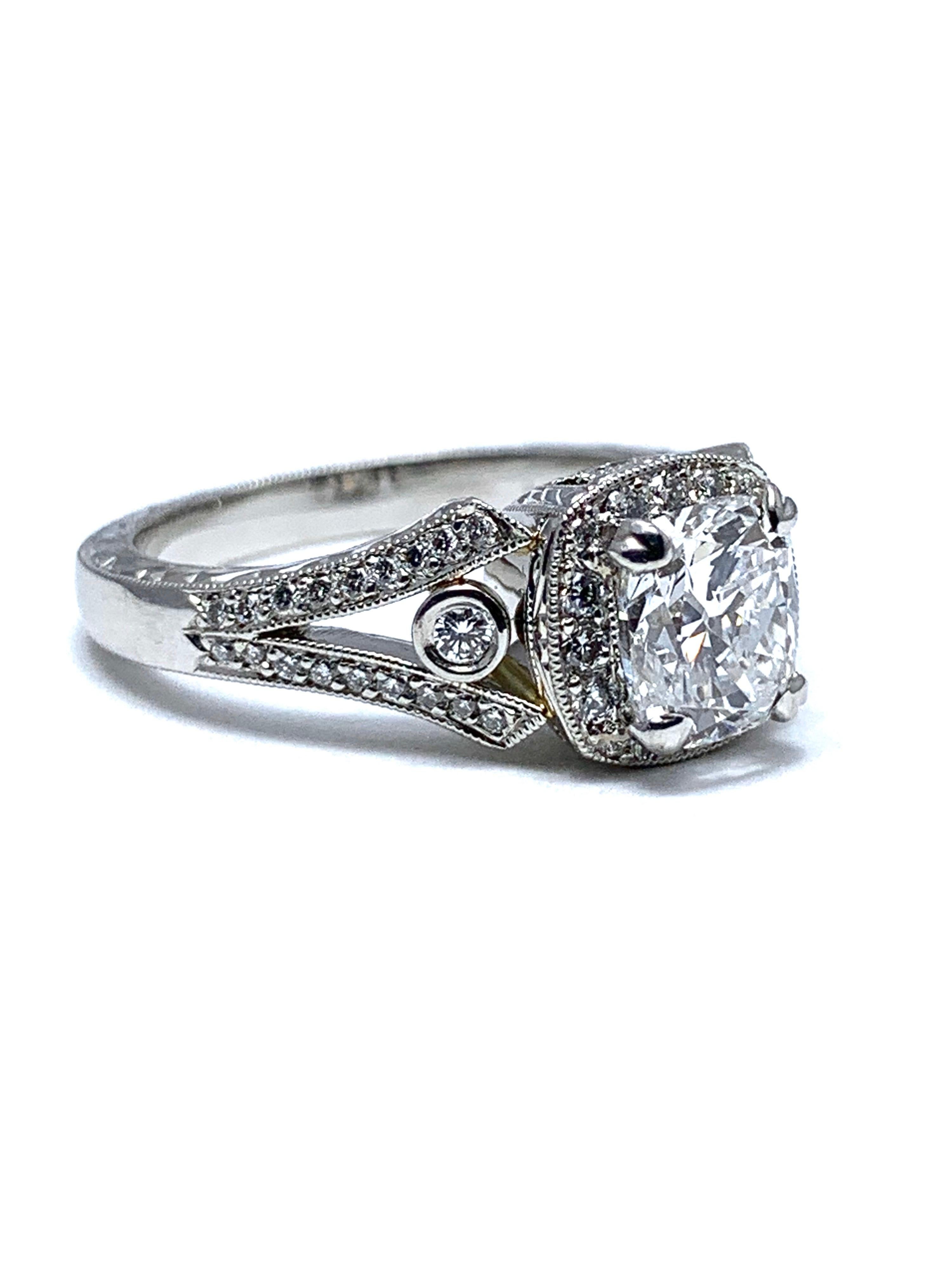 1.03 Carat D/SI1 Diamond with Diamond Halo and Hand Engraved Platinum Ring In Excellent Condition For Sale In Chevy Chase, MD