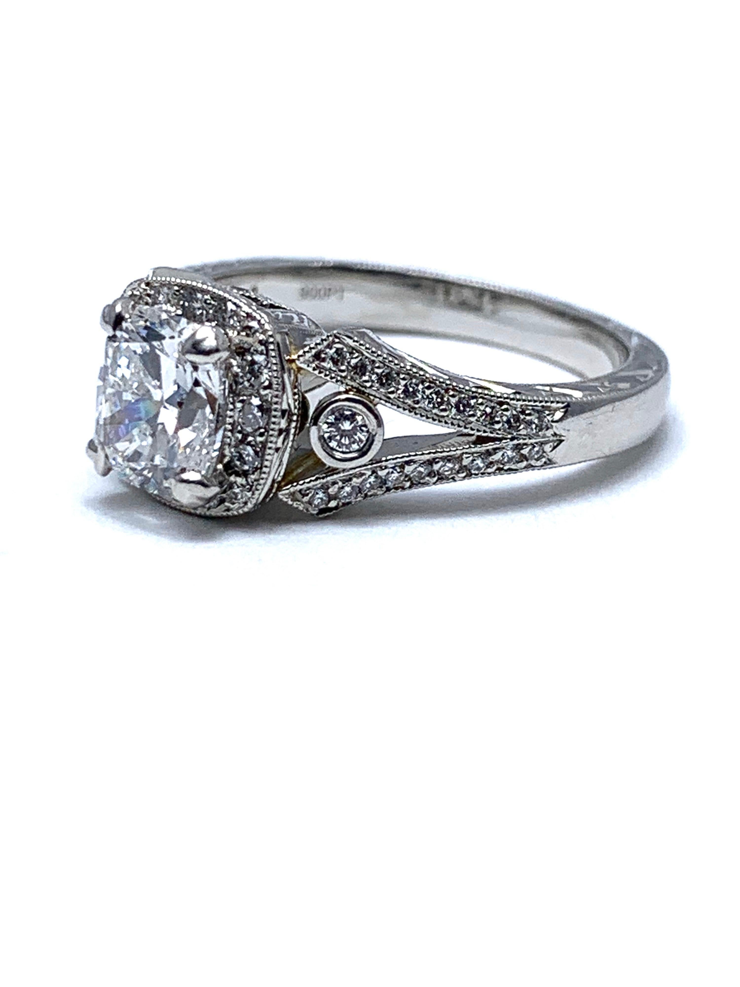 Women's or Men's 1.03 Carat D/SI1 Diamond with Diamond Halo and Hand Engraved Platinum Ring For Sale