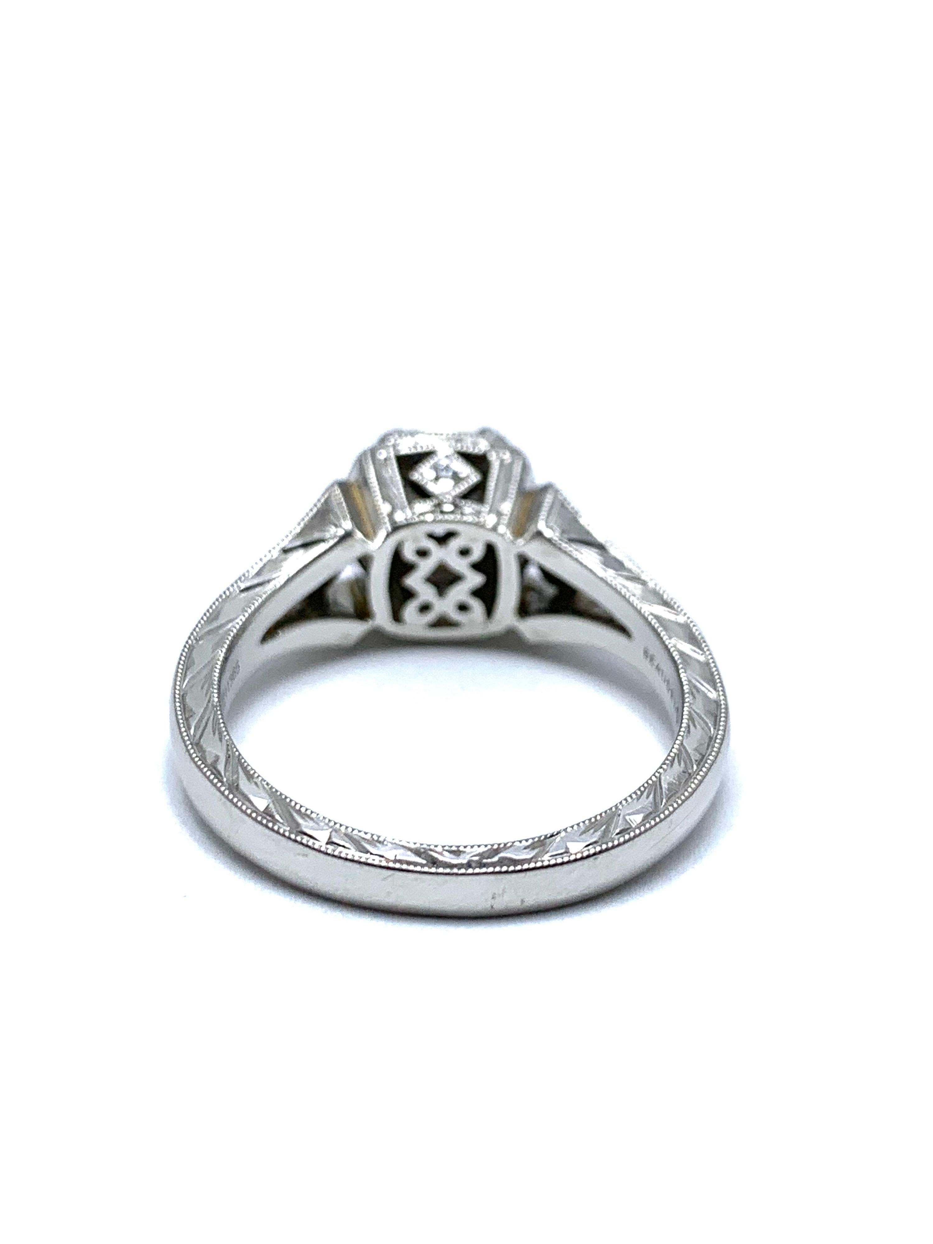 1.03 Carat D/SI1 Diamond with Diamond Halo and Hand Engraved Platinum Ring For Sale 2
