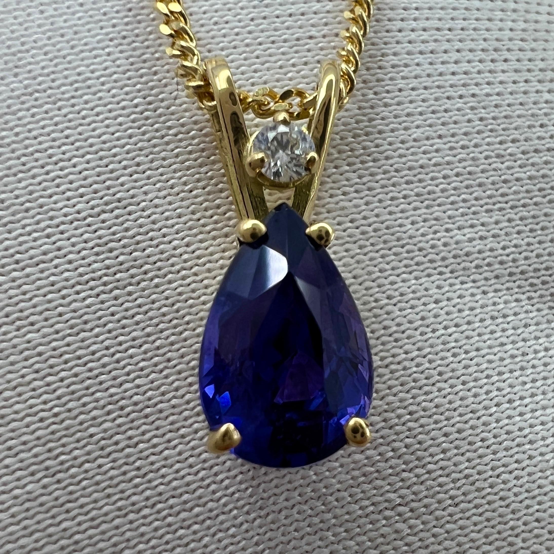 Deep Blue Purple Pear Cut Sapphire & Diamond 18k Yellow Gold Pendant.

Fine 1.03 carat natural sapphire with a unique deep blue purple colour and very good clarity, very clean stone with only some small natural inclusions visible when looking
