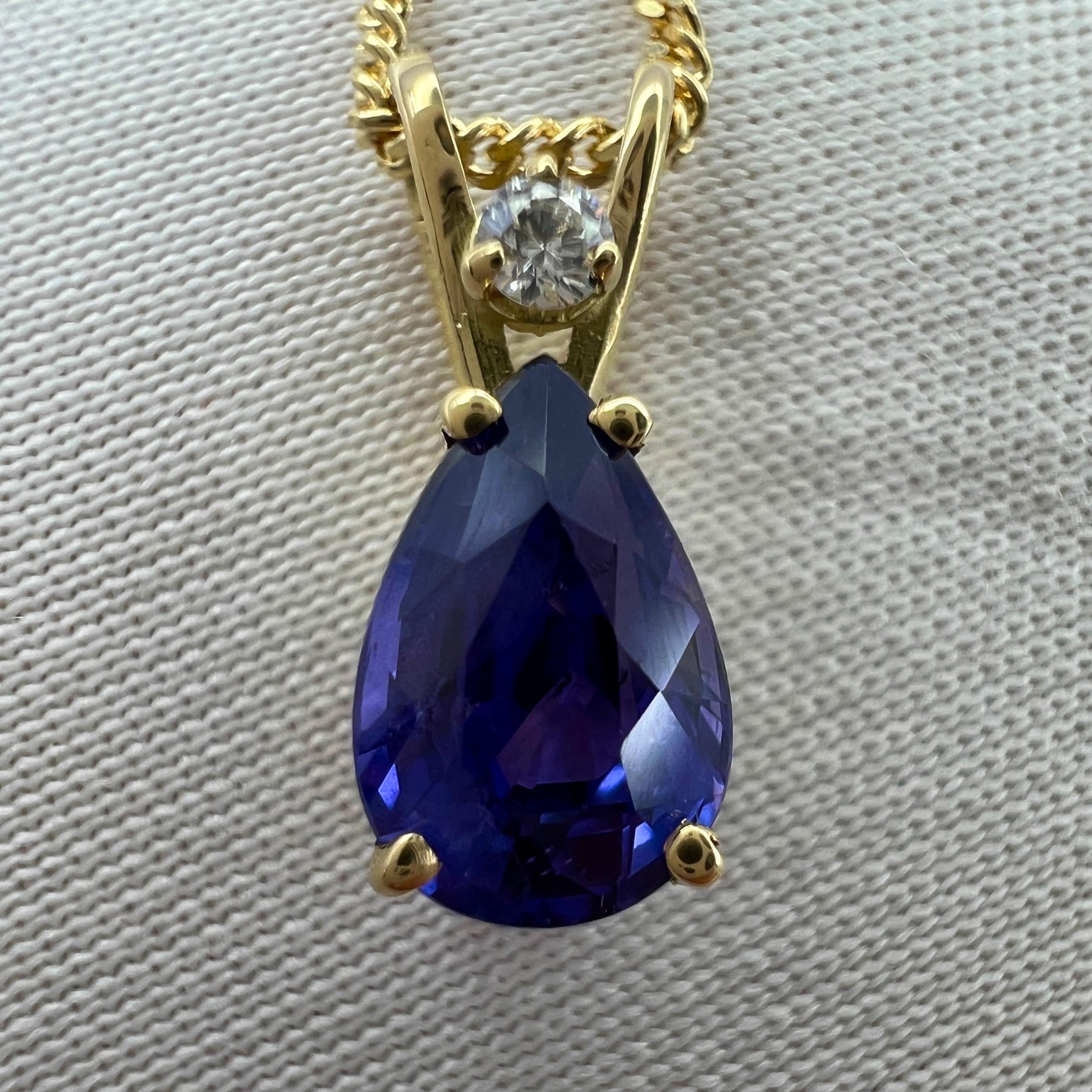 1.03 Carat Deep Blue Purple Pear Cut Sapphire & Diamond 18k Yellow Gold Pendant 1