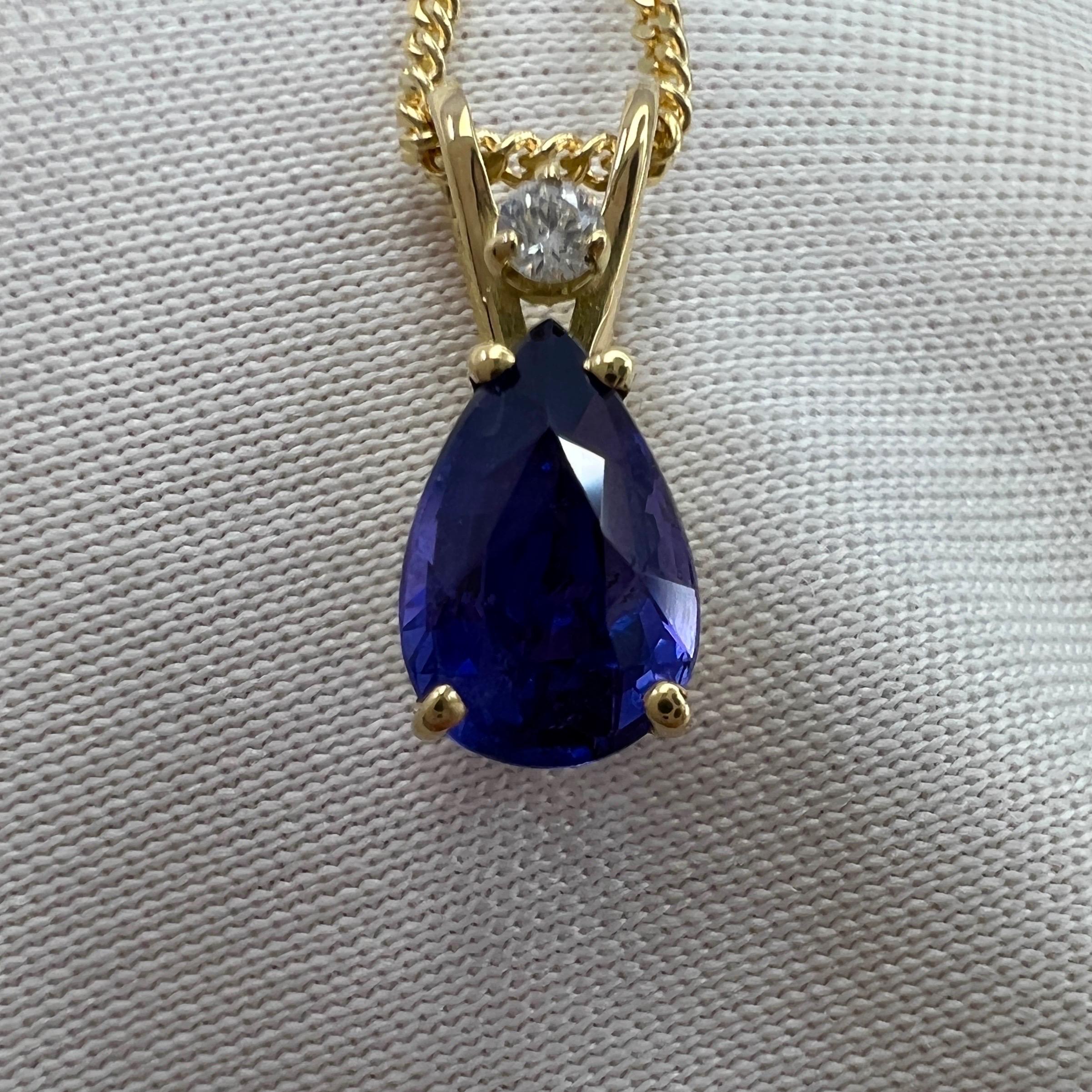 1.03 Carat Deep Blue Purple Pear Cut Sapphire & Diamond 18k Yellow Gold Pendant 2