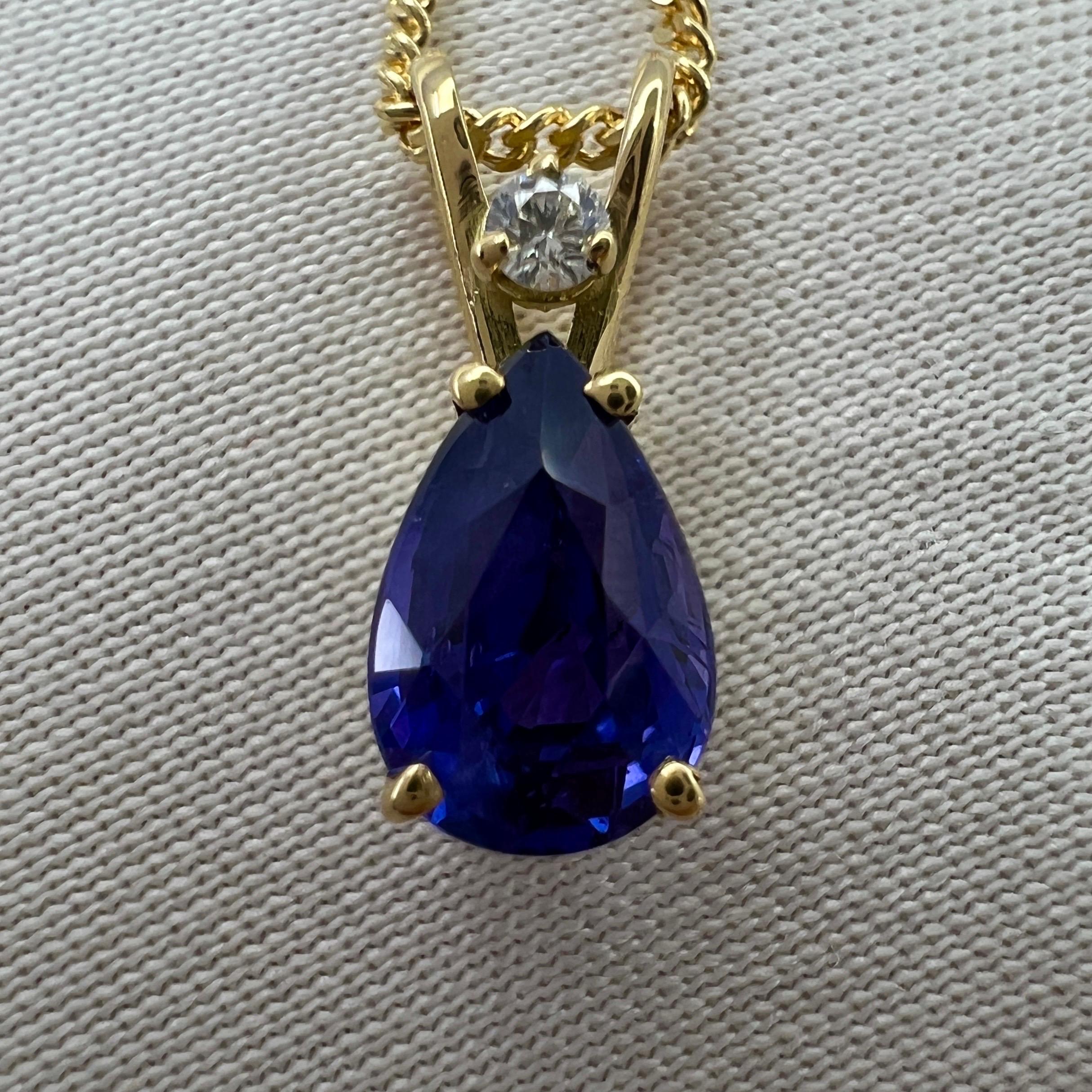1.03 Carat Deep Blue Purple Pear Cut Sapphire & Diamond 18k Yellow Gold Pendant 3