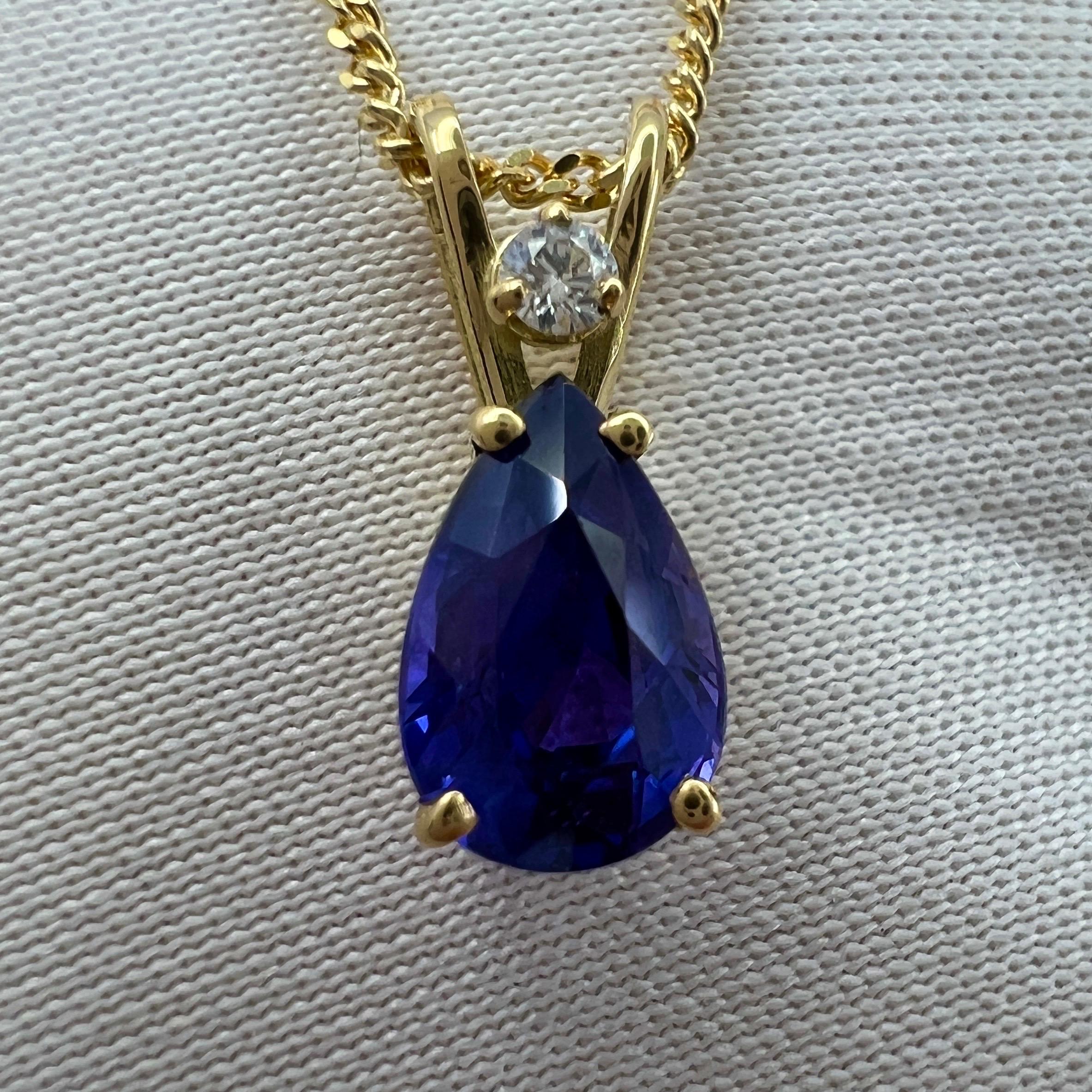 1.03 Carat Deep Blue Purple Pear Cut Sapphire & Diamond 18k Yellow Gold Pendant 4