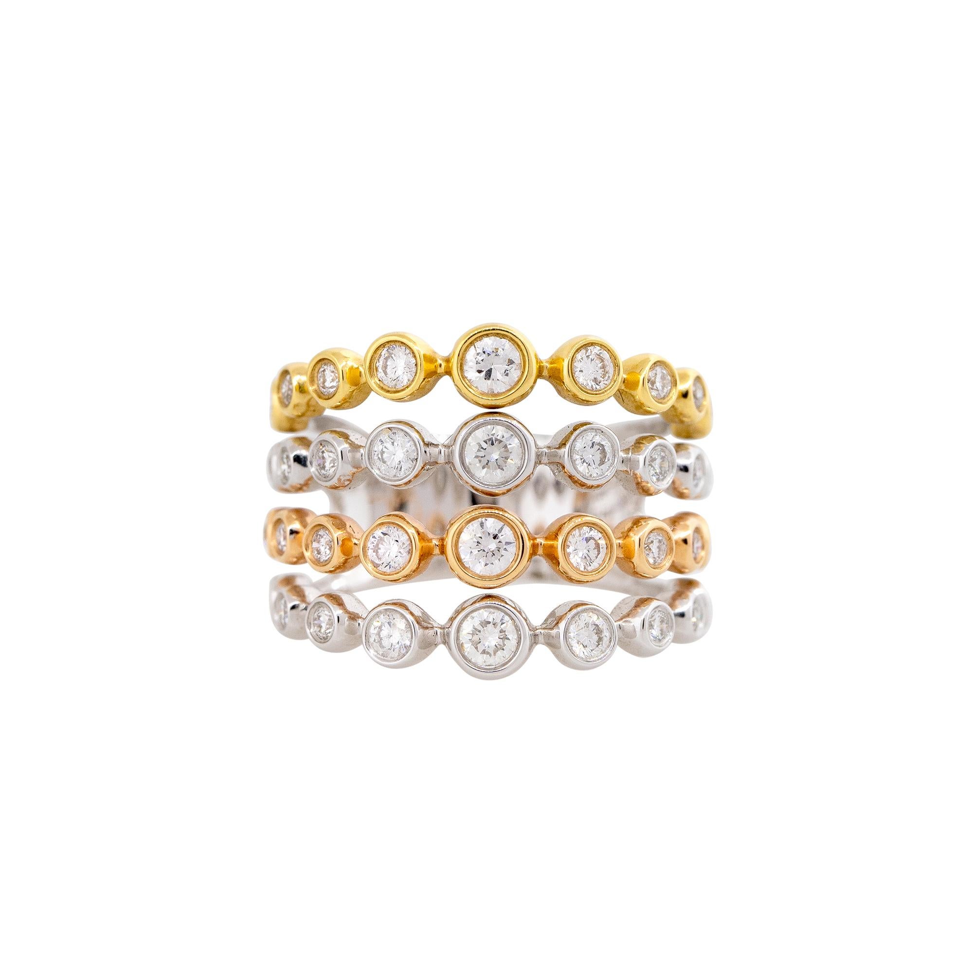 18k Tri-Color Gold 1.03ctw Diamond 4-Row Bezel Set Ring

Product: 4-Row Bezel Set Diamond Ring
Material: 18k White Gold, 18k Rose Gold, 18k Yellow Gold
Diamond Details: There are approximately 1.03 carats of Round Brilliant cut diamonds, all bezel