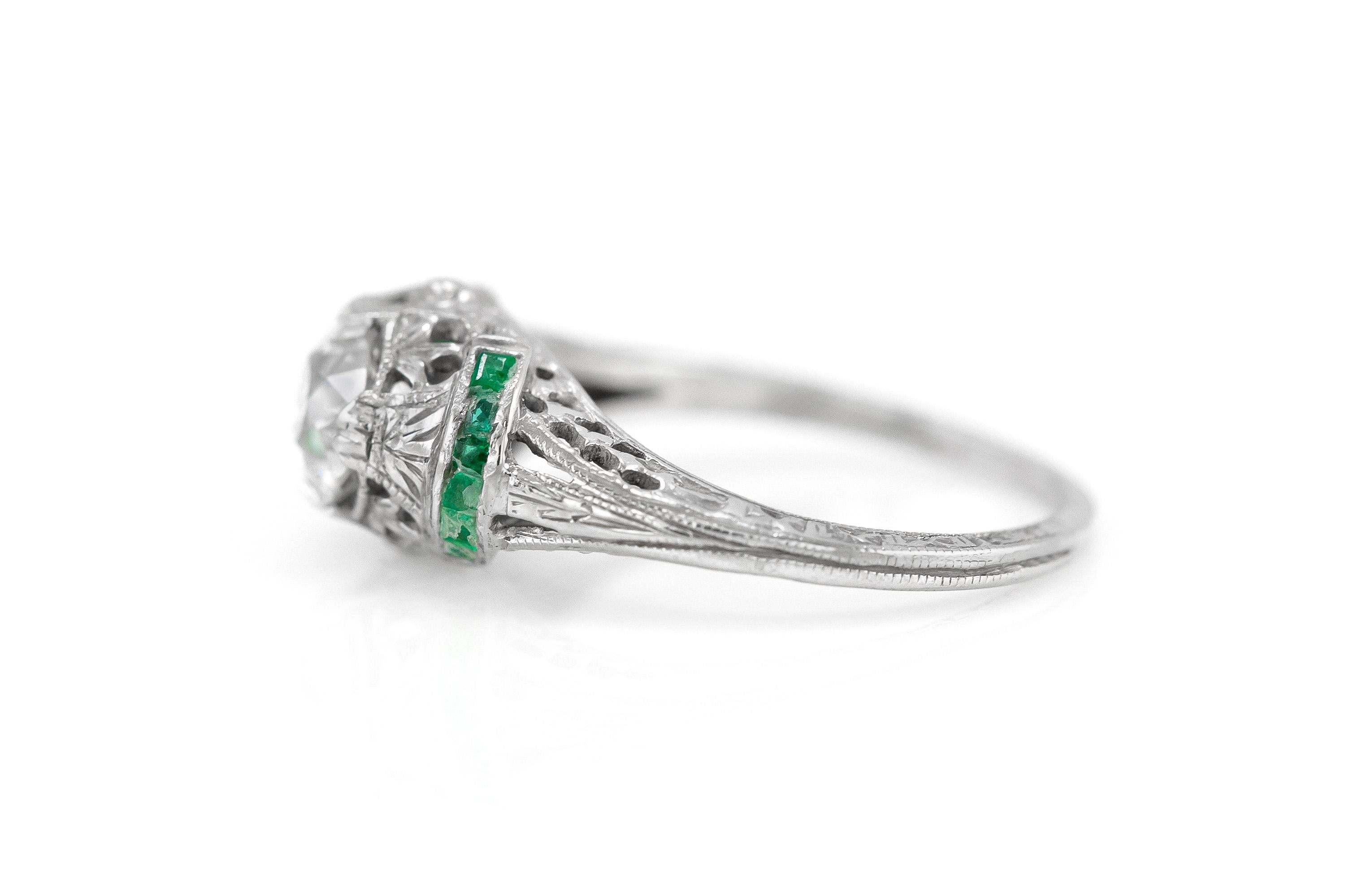 Art Deco 1.03 Carat Diamond Engagement Ring with Emeralds For Sale