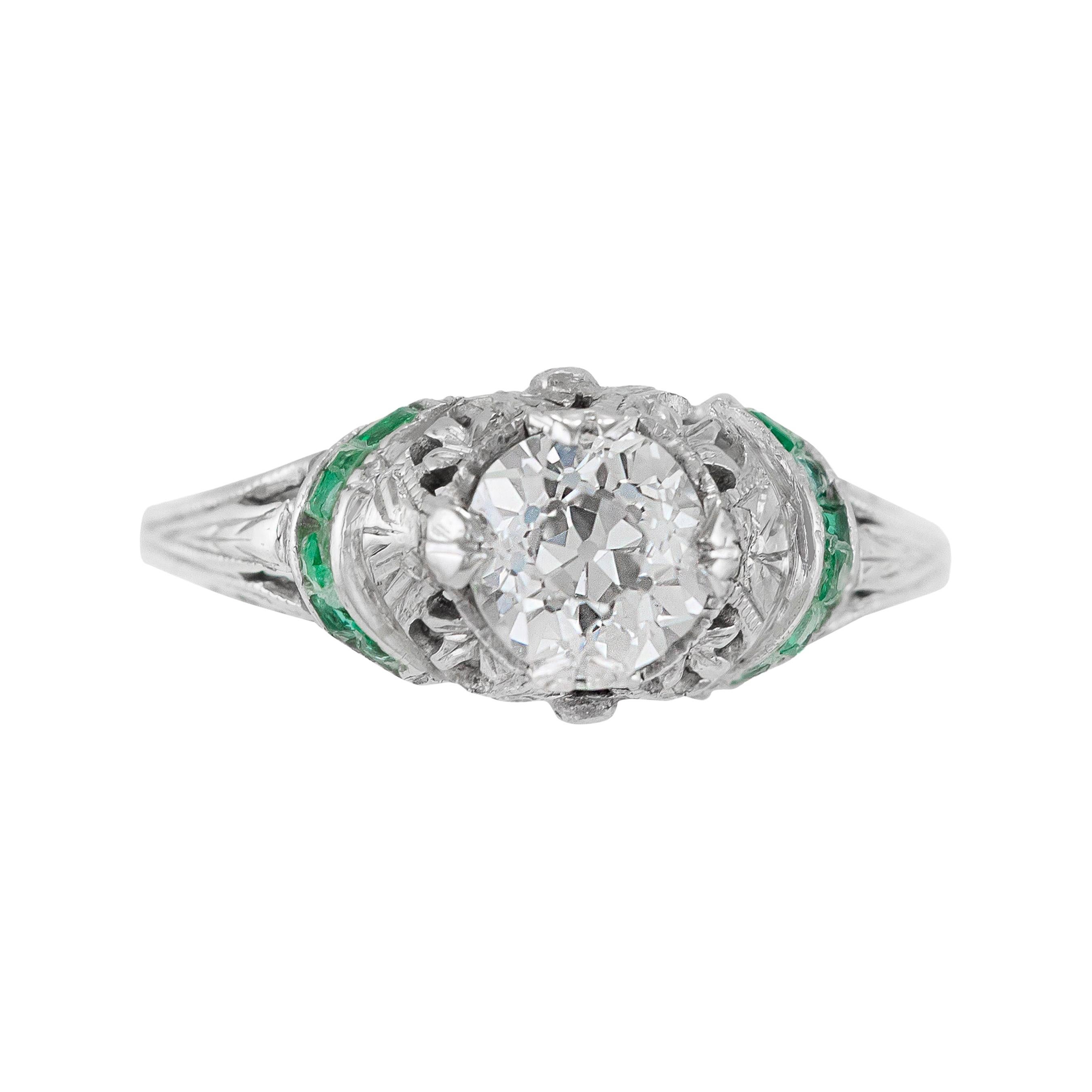 1.03 Carat Diamond Engagement Ring with Emeralds For Sale