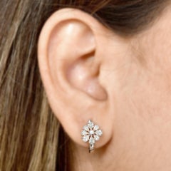 1.03 Carat Diamond Floral Huggie Earrings 14 Karat White Gold Gift for Mom