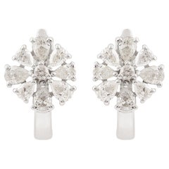 1.03 Carat Diamond Floral Huggie Earrings 18 Karat White Gold Gift for Mom