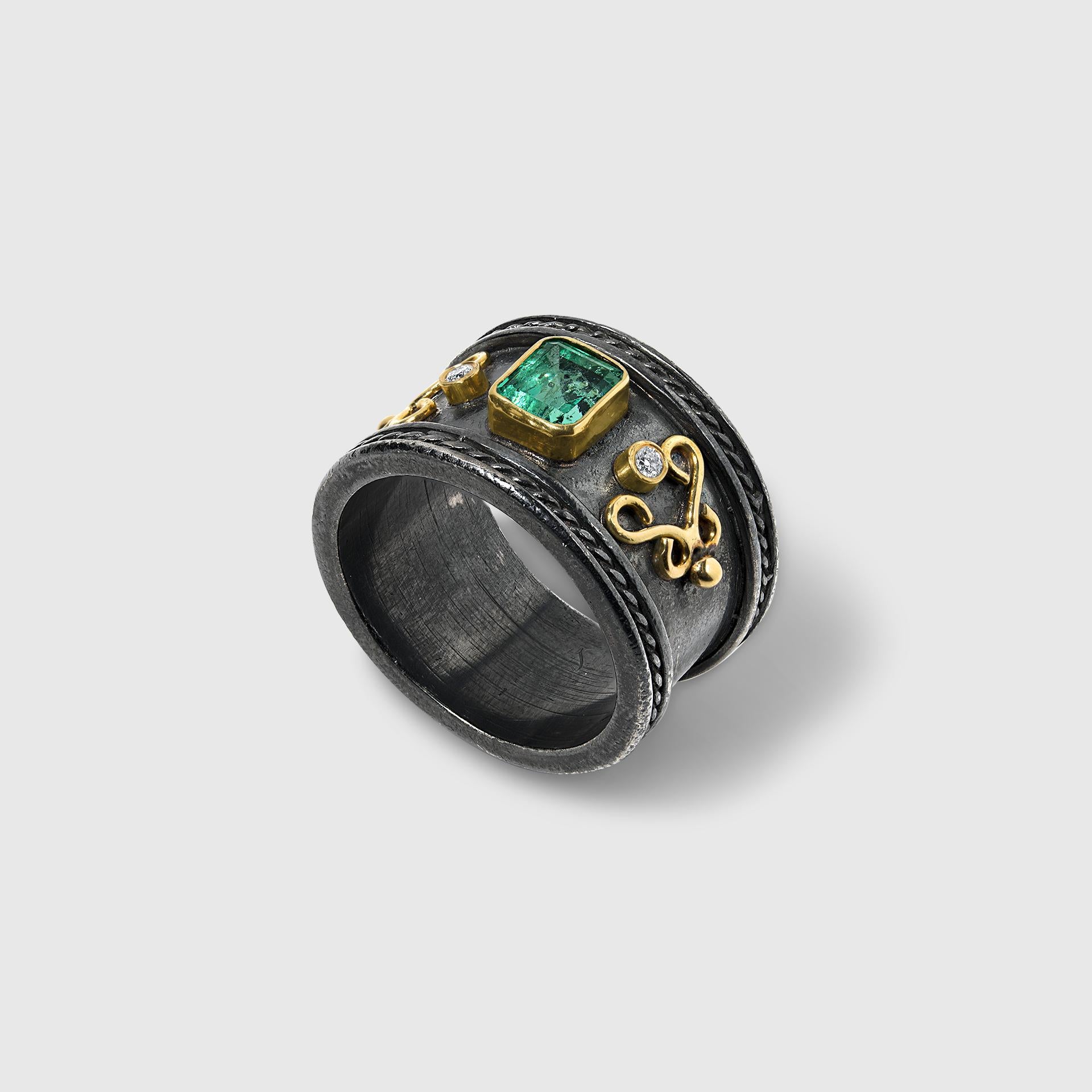 Artisan 1.03 Carat Emerald and Diamond 18K Gold and Sterling Turkish Cocktail Ring For Sale
