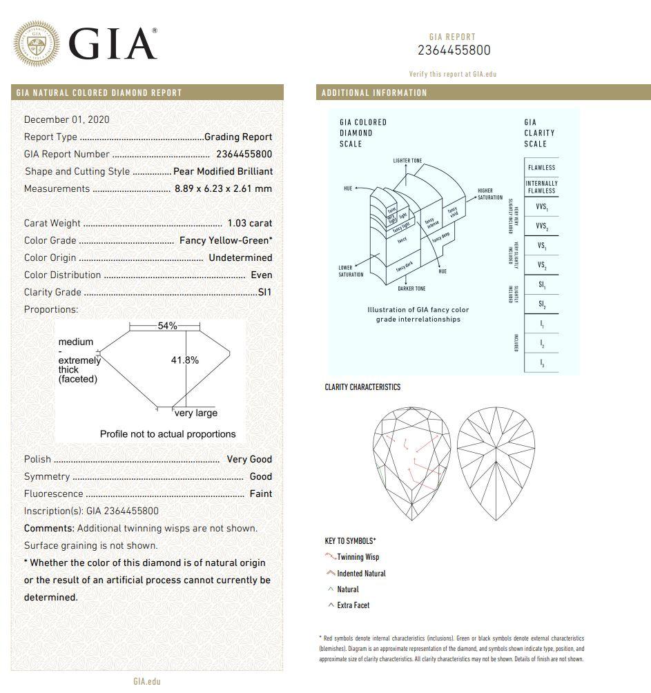 1.03 Carat Fancy Yellow Green Pear cut diamond SI1 Clarity GIA Certified For Sale 1