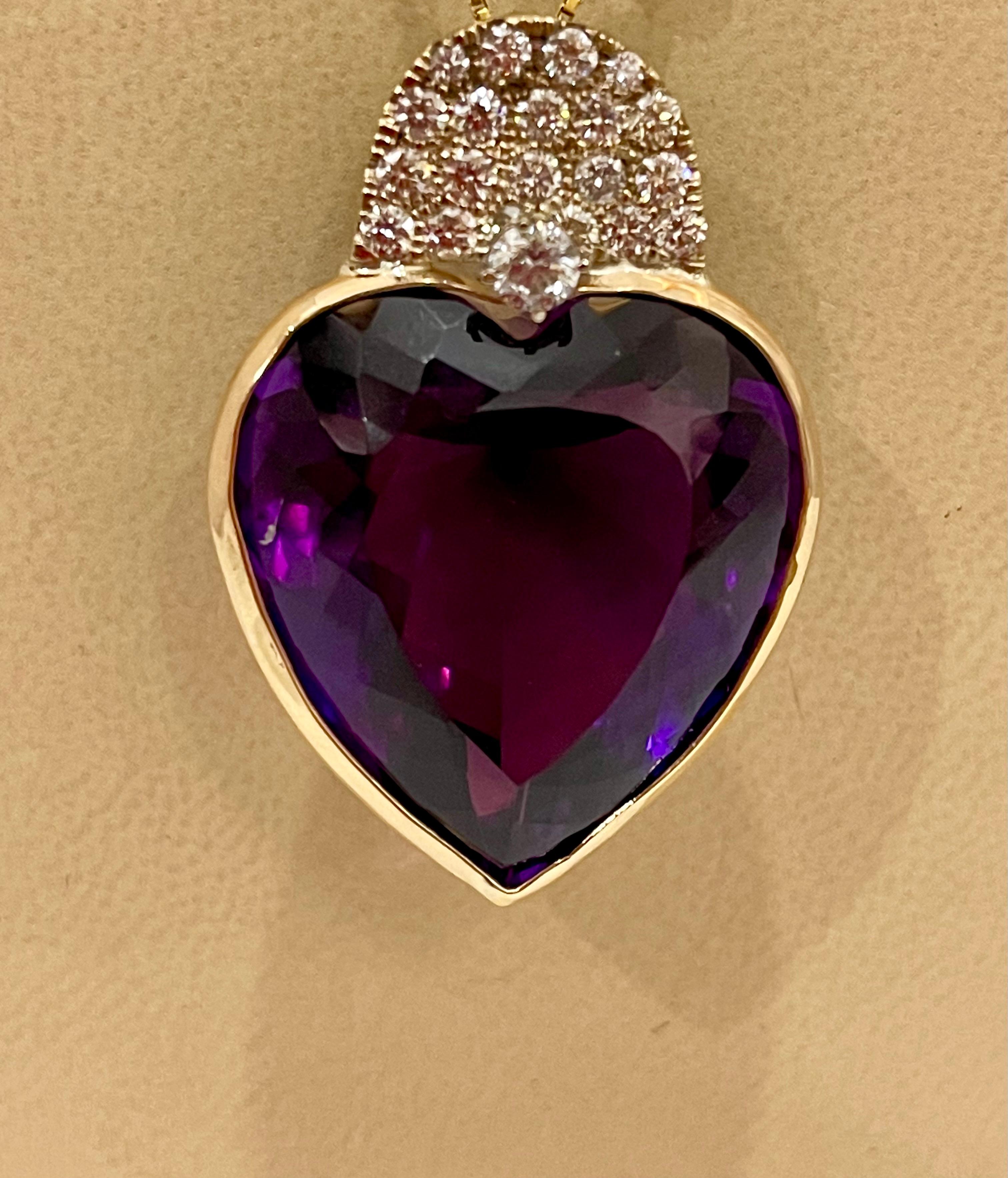 103 Carat Heart Shape Amethyst & 3 Ct Diamond Pendant Necklace 14 Kt Yellow Gold 3