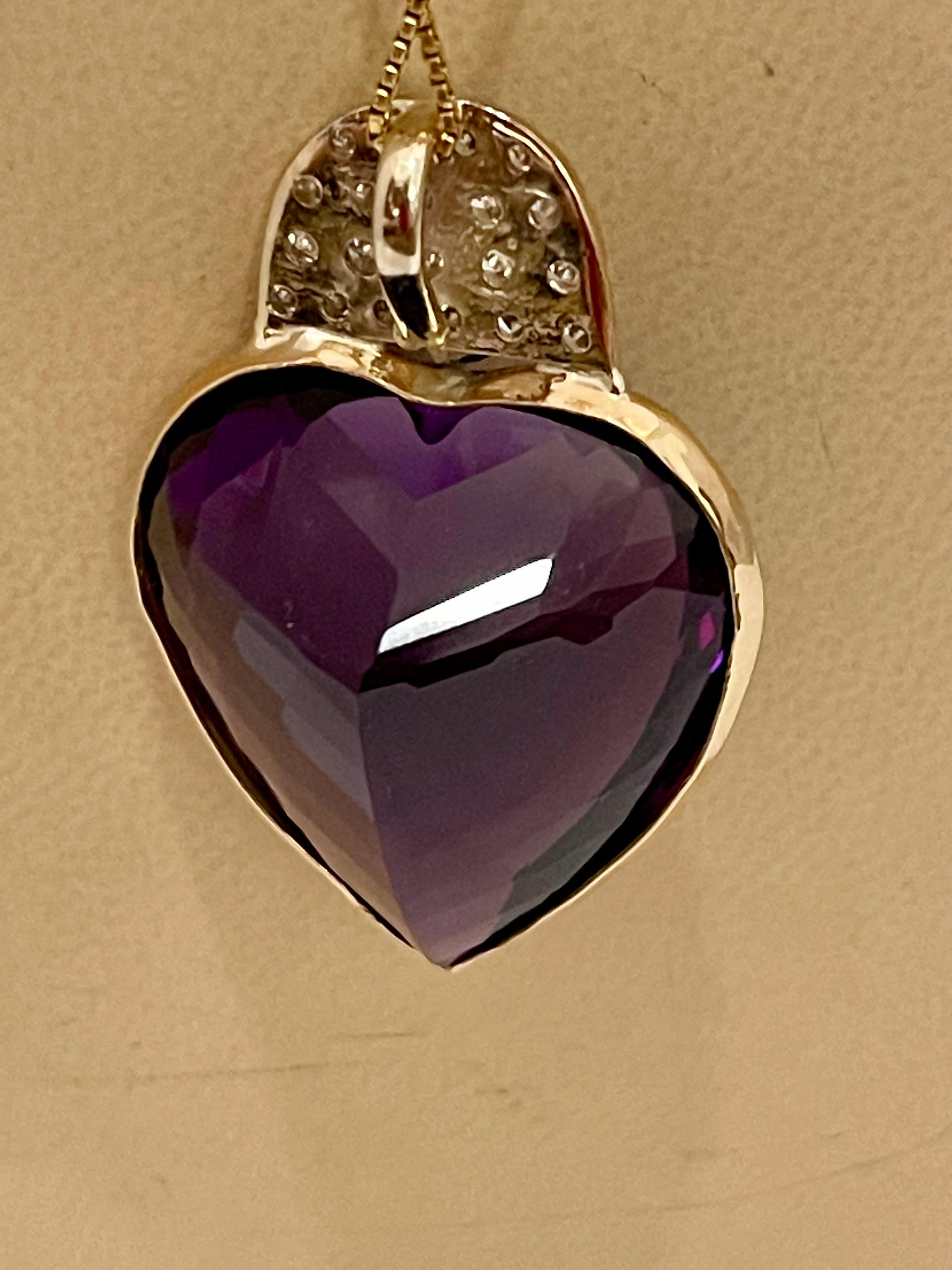 103 Carat Heart Shape Amethyst & 3 Ct Diamond Pendant Necklace 14 Kt Yellow Gold 4